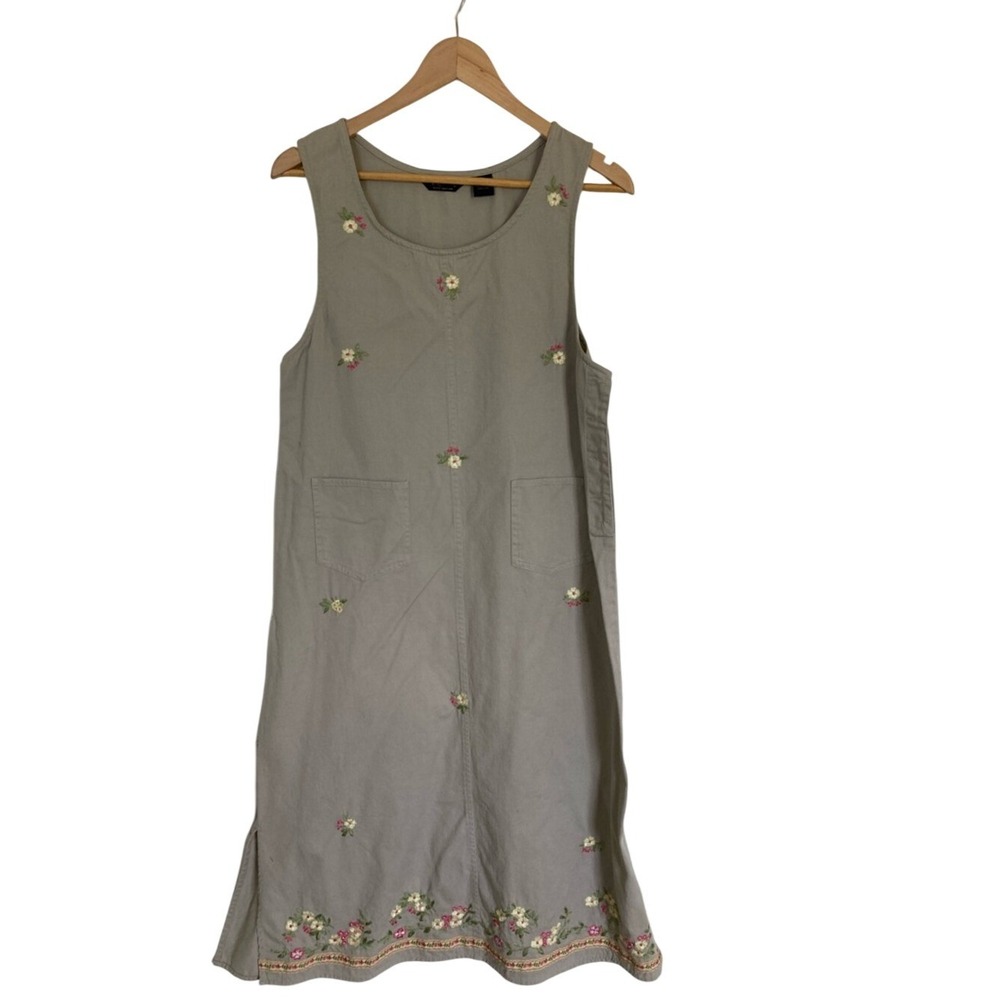 Vtg Agapo‎ Embroidered Floral Tan Khaki Jumper Dress Size MP Midi Cottage Modest